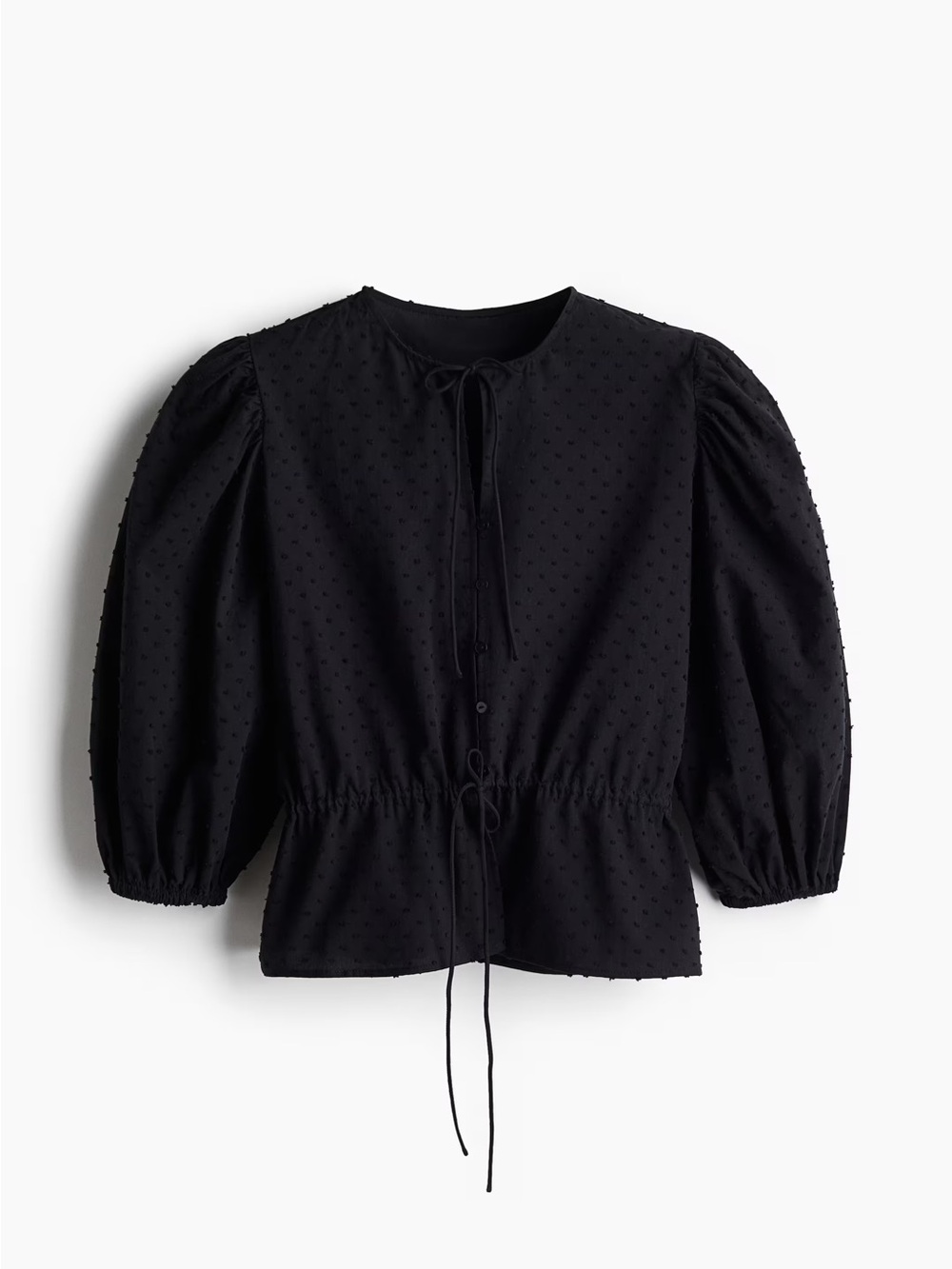 H&M Black Puff-Sleeve Tie-Front Blouse